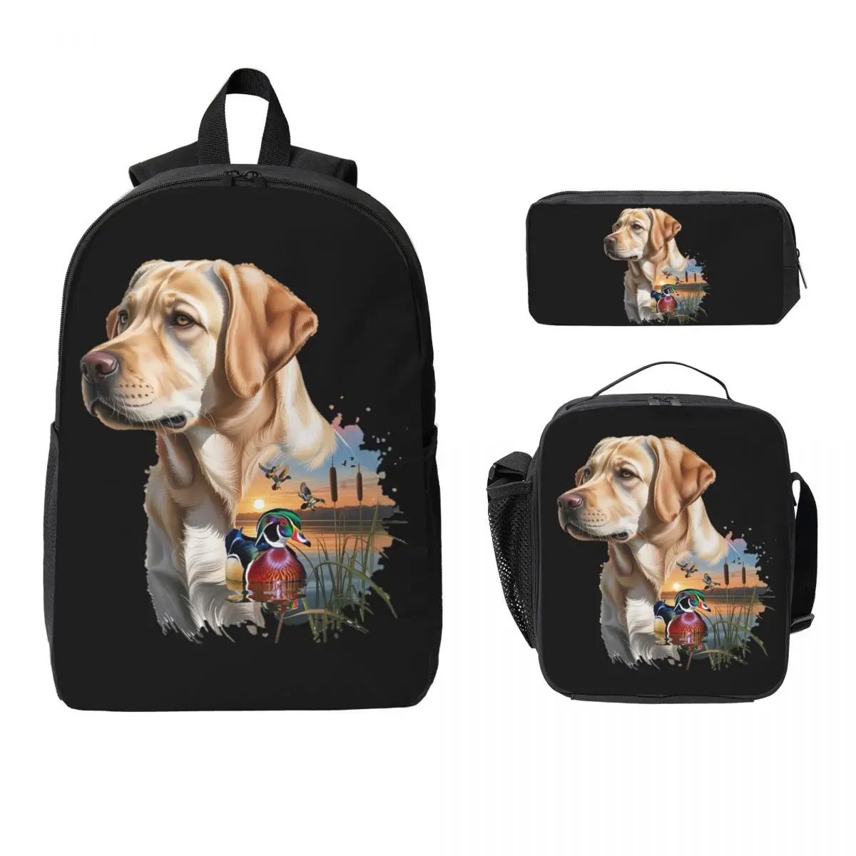 Yellow Labrador And Wood Duck Sunrise Backpack BookBag School Bag Computer Shoulder Bags 3ps Insulated Lunch Bag Pencil Case