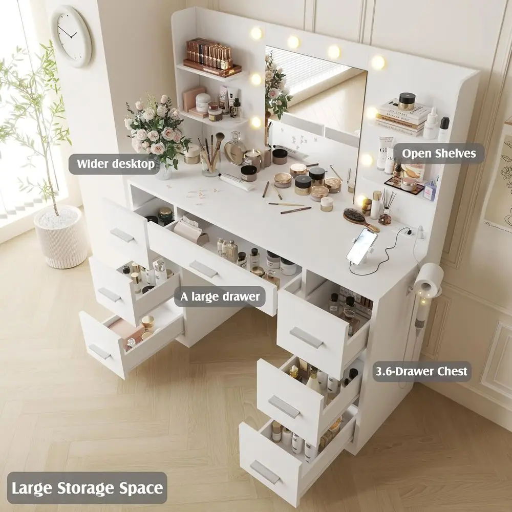 YESHOMY Vanity Desk with Mirror, Power Outlet and 10 Lights, Makeup Table with 7 Ders, 3 Color es Available or Bedroom, e White - view 3