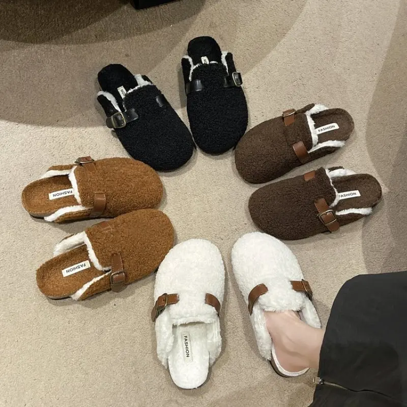 2024 Lambswool Mules Women Belt Buckle Slippers Winter Clogs Shoes Woman Platfoem Cover Toe Plush Fur Slides Outdoor Fuzzy Shoes