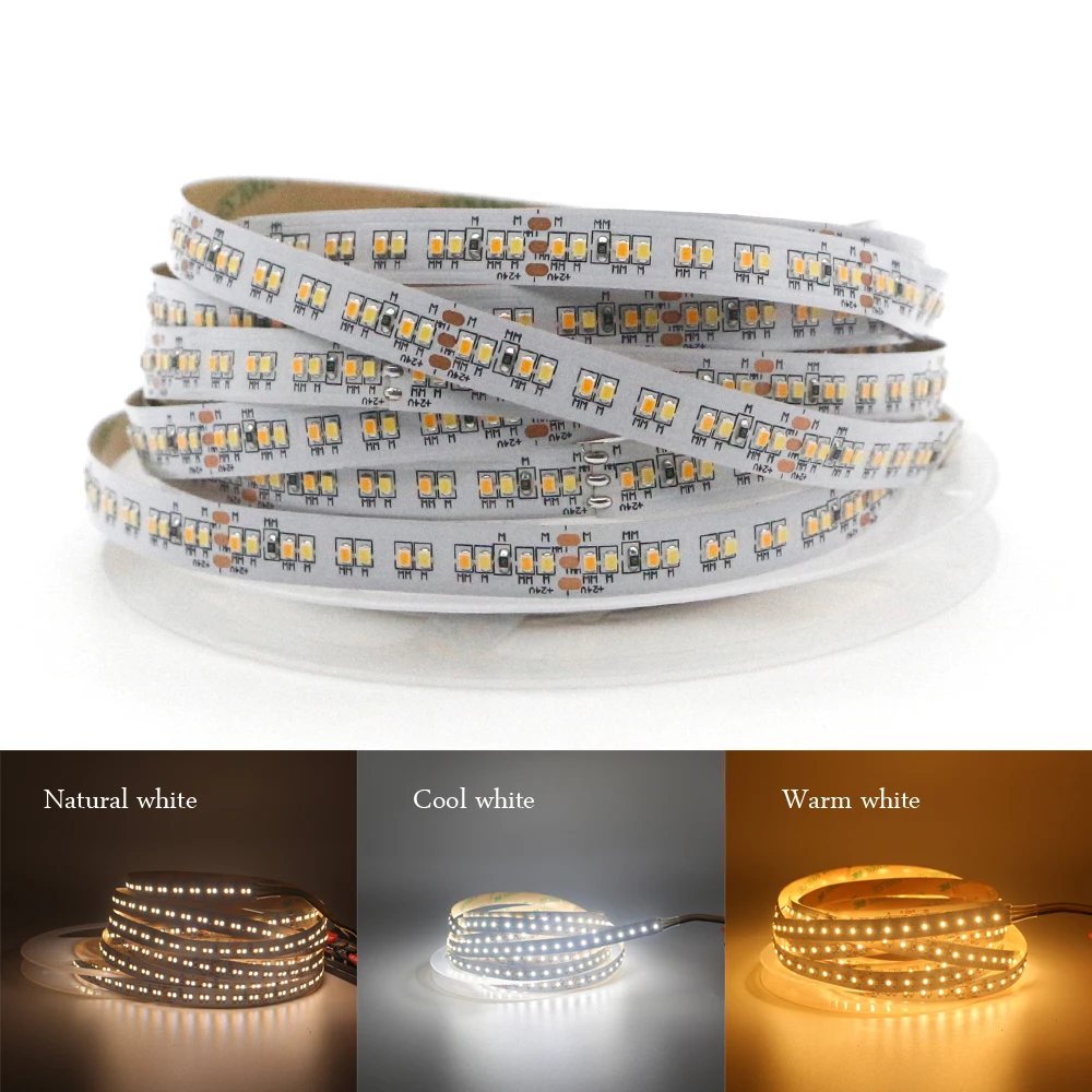 

1 / 10m CCT dual color DC24V CRI90 10mm PCB 240Leds / m 19.2 W 2216 SMD flexible LED strip 7-10LM WW + W 2216 dimming high lumen