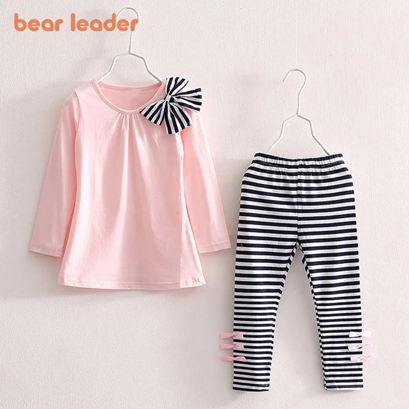 Bear Leader Children's Sportswear Girls' Autumn/Winter Set Bow Tie Decal Top+Striped Pants Set Girls' Children's Clothing 3-7Y