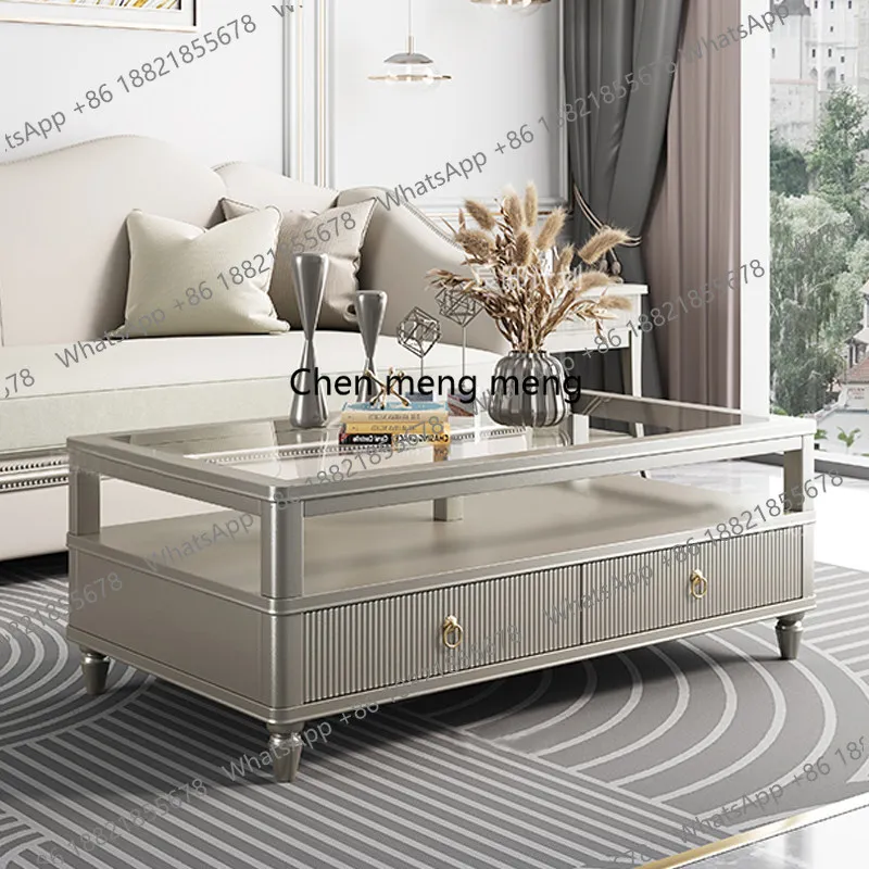 

Italian light luxury solid wood American champagne coffee table TV cabinet combination square tea table glass storage table