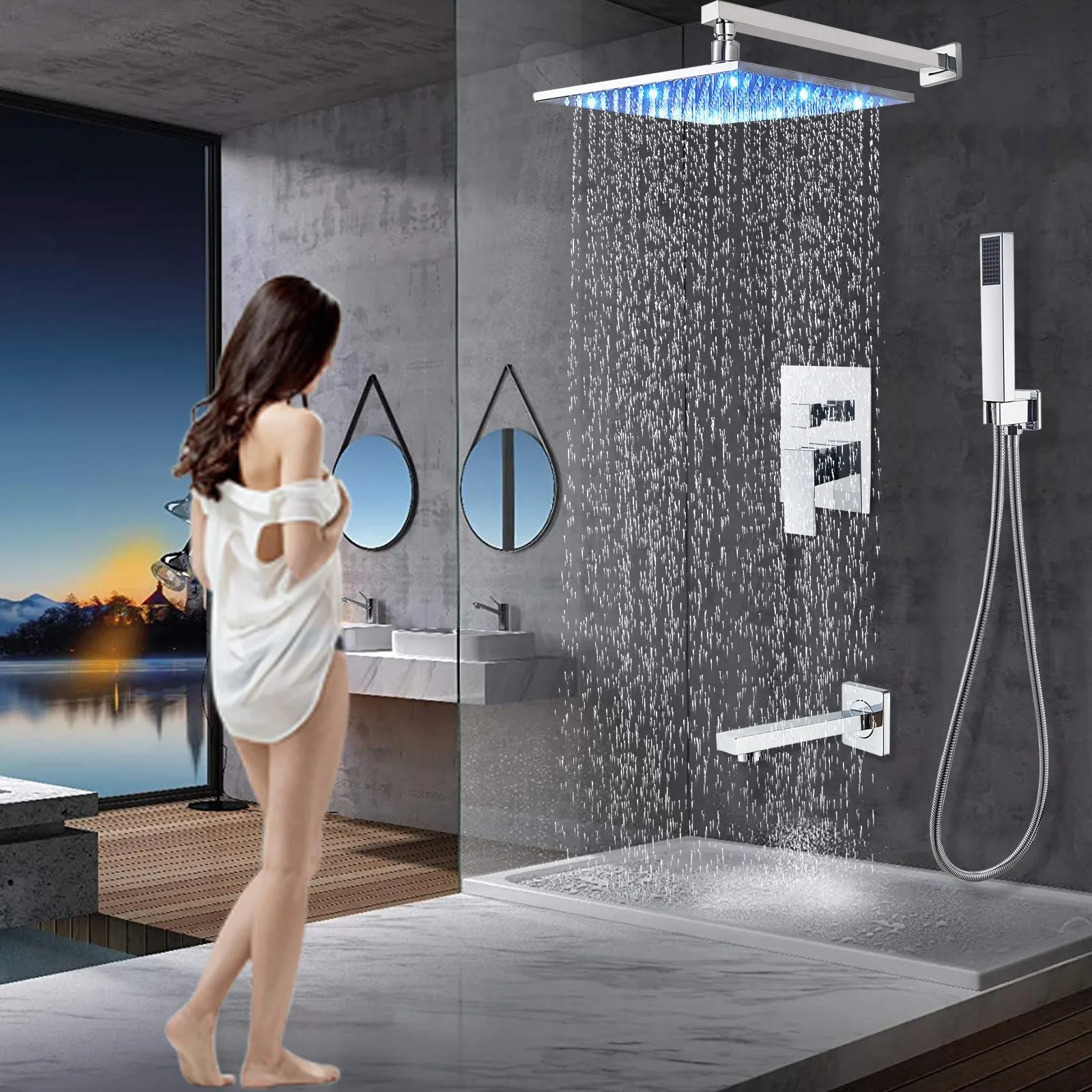 Chrome LED Shower Faucet Set w/Valve 12" Rain Shower Head Combo Tub Spout System