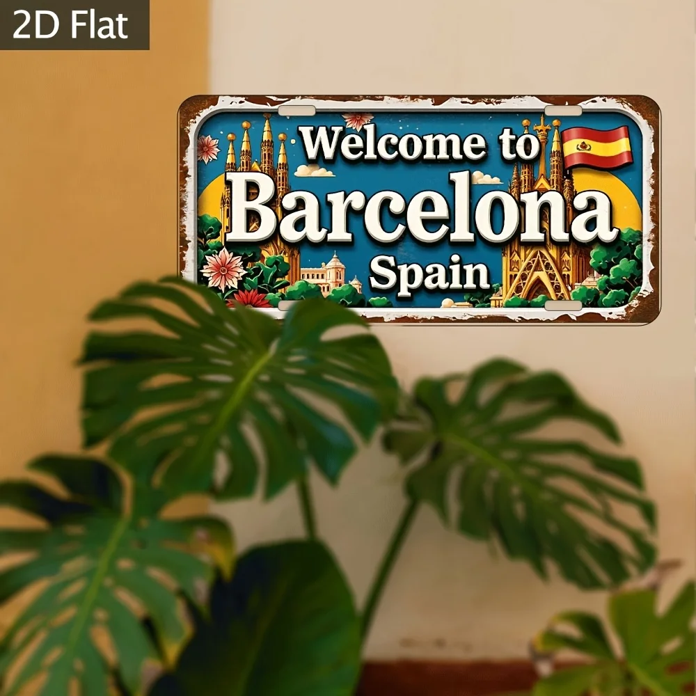 2D Flat, 1pc Barcelona Spanish Vintage Gothic Flag Wall Sign - 30.48x15.24 cm Aluminum Metal Catalan Suitable for, Office, Bar D
