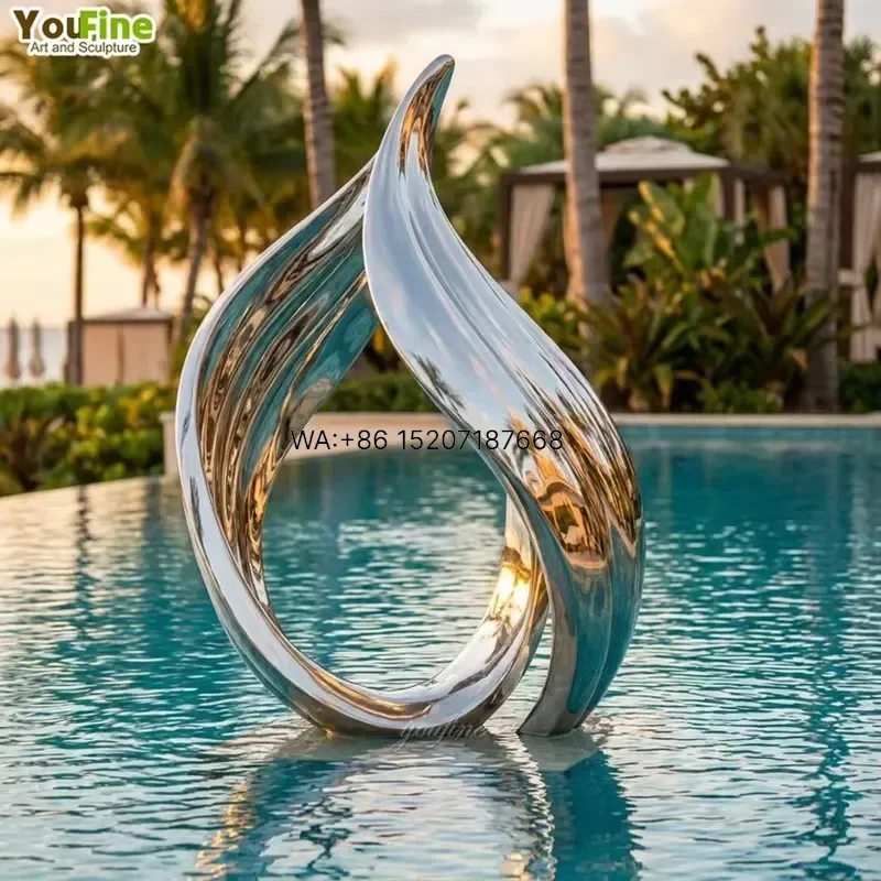 Wmwmnu Stainless Steel Teardrop Loop Sculpture Mirror Polished Outdoor Resort Pool Water Feature Garden Art