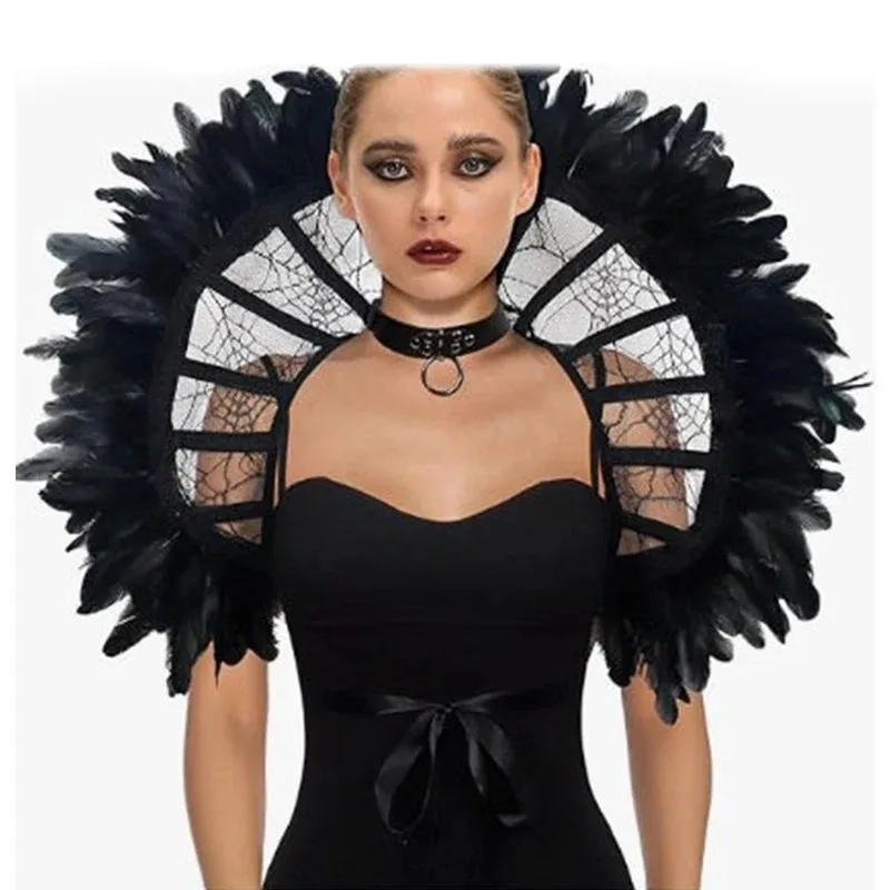 Medieval Gothic Capes Renaissance Stand Collar Lace Feather Cloak Halloween Role-playing Dress Up Party Cosplay Props