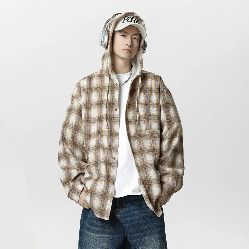 

Color Block Plaid Hooded Long Sleeve Shirt For Men Spring Summer New American Casual Loose Couple Shirt Jacket Fashion Free IZ2Y