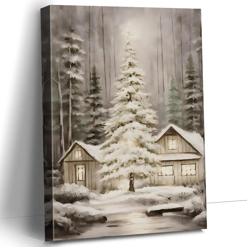 

Рождественский холст, настенный рисунок, деревенский рождественский фестиваль кабины, постер, снежное дерево и лес, очаровательный зимний декор сцены