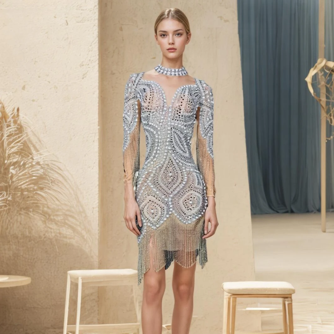 

Sexy Tight Pearl Rhinestone High Stretch Mesh Dress - Female Singer Performance Dress Vestidos De Mujer Elegantes Para Fiesta