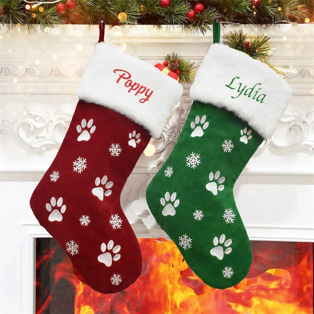 

Custom Name Christmas Stocking Embroidered Any Name Christmas Tree Pendant Socks Christmas Decoration Pet Paw Stocking Gift Bag