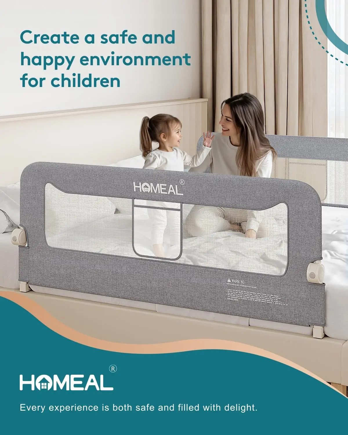 Protetor de trilho de cama infantil dobrável de 59 polegadas para camas King, Queen, Full & Twin - Design de malha de segurança cinza