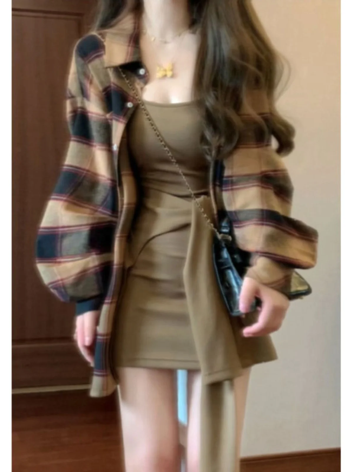 

Vintage Plaid irt And Skirt Set Women's Loose Feel Spring Outfit Two-Piece Ensemble Cotton Long Sve Dr for Early Spring