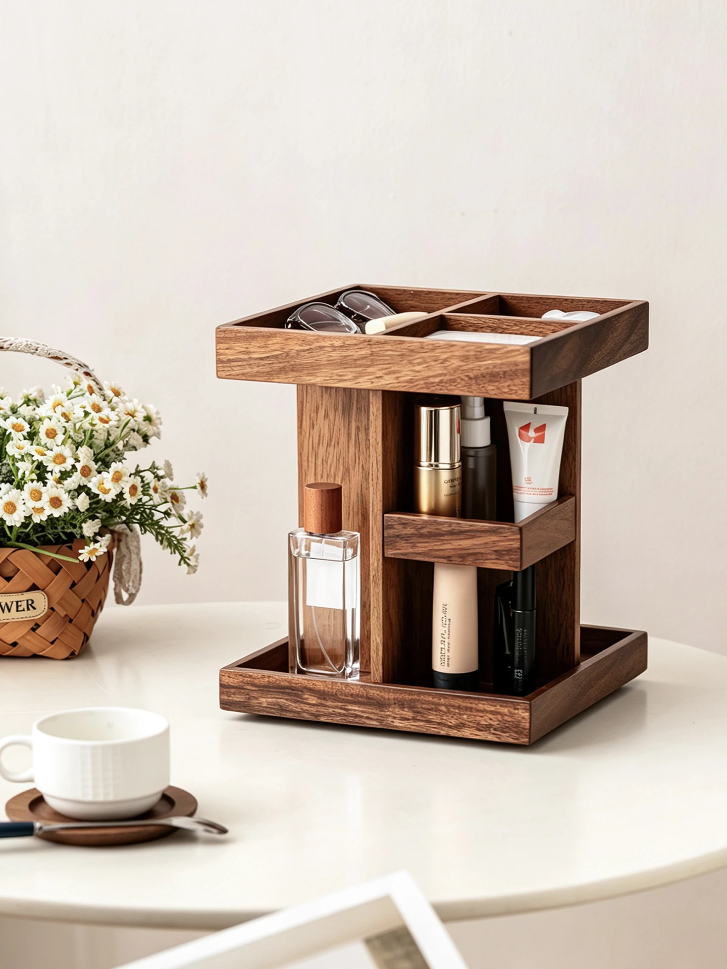 New Chinese Style Walnut Wood Desktop Storage Rack Display Stand Rotatable Multi-layer Small Size Home Use Organizer