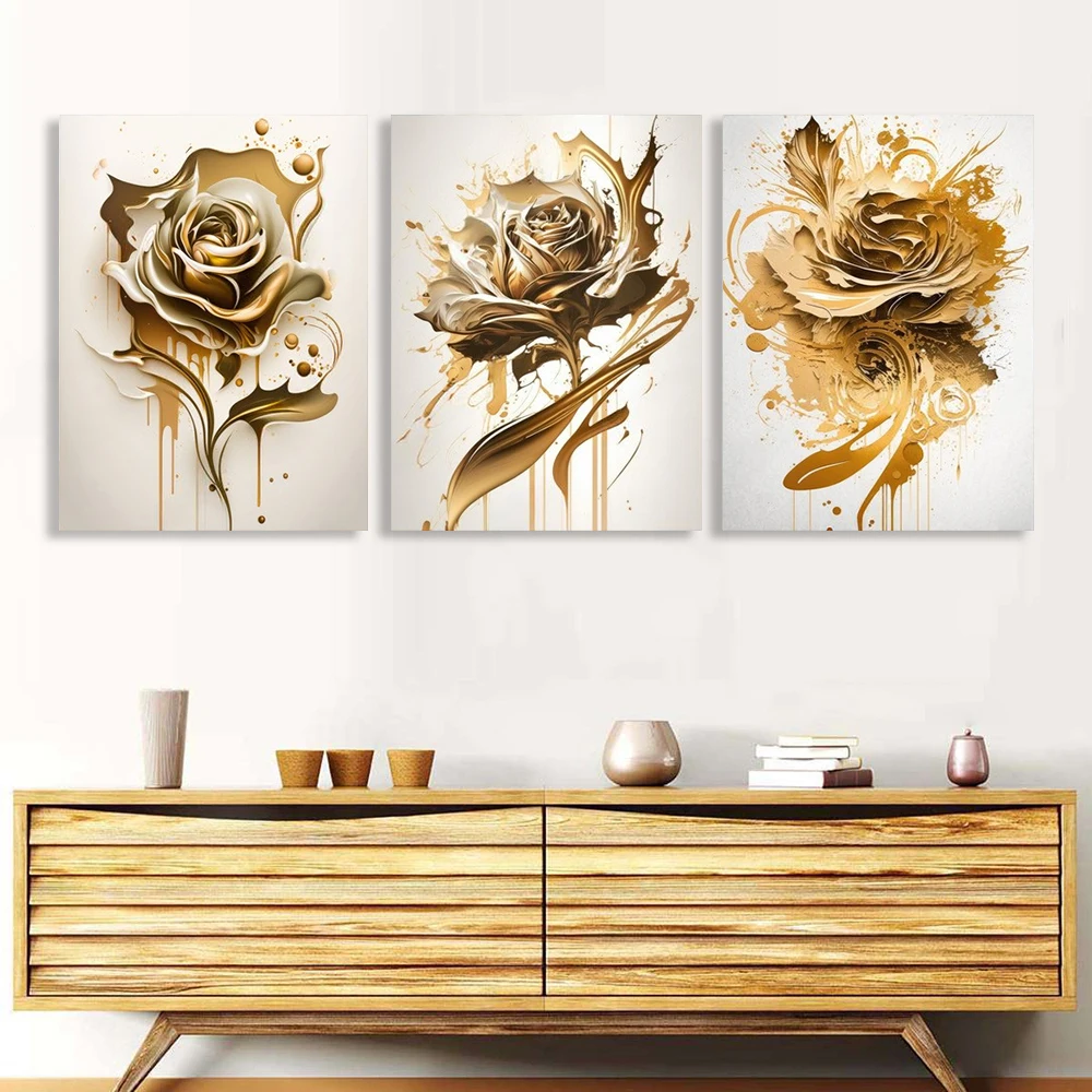 

Большие постеры с золотыми цветочными узорами, настенные картины с золотыми розами, абстрактные цветочные принты, для гостиной, офиса, декора стен, без рамки.