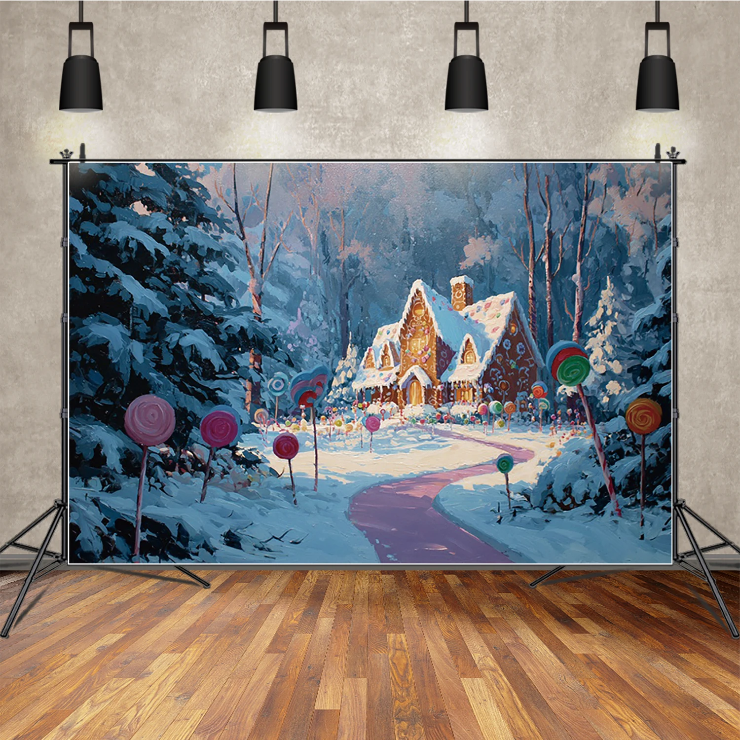 MOON.QG クリスマスの森の背景新生児ジンジャーブレッドハウス鹿氷写真背景フォトコールフォトブース装飾