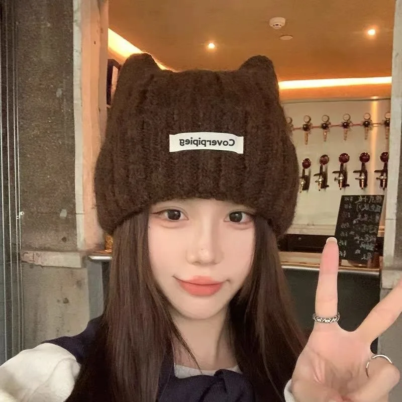 Warm Woolen Hat for Women, Versatile Face-showing Kitten Ears Knitted Hat, Fun Warm and Cold-proof Couple Ear Protection Hat