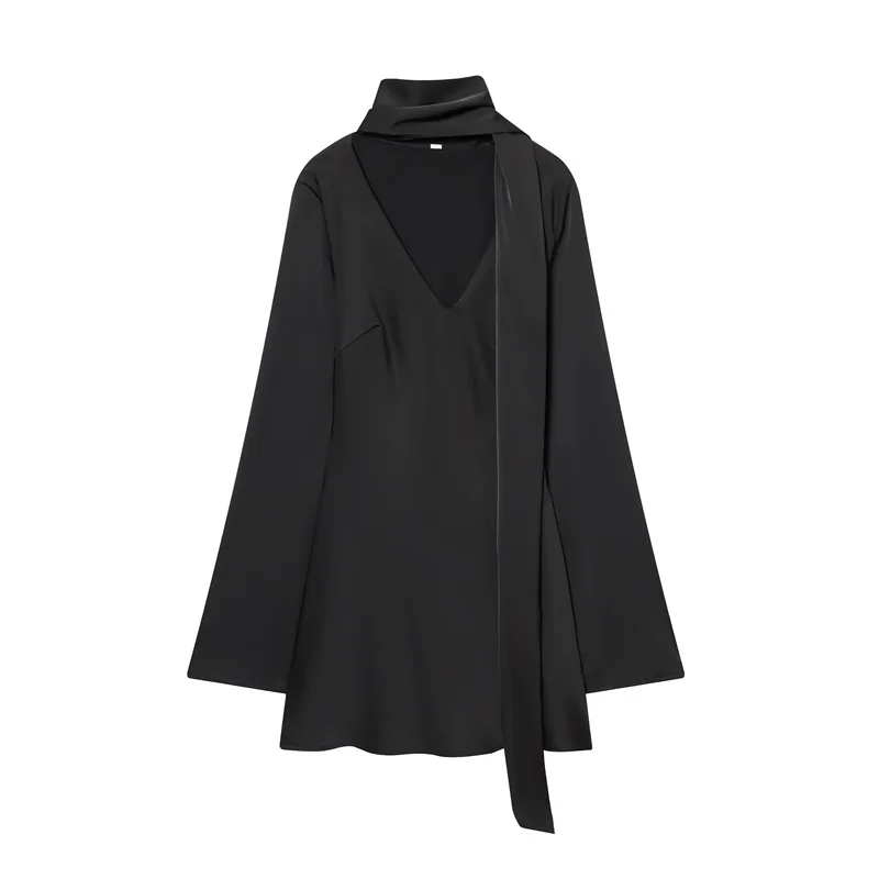 Vestido feminino 2025 outono novo estilo cor sólida manga longa cetim textura mini vestido com cachecol decoração elegante e moda