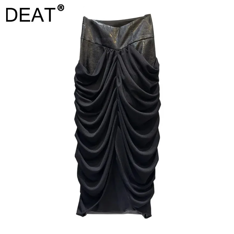 DEAT Women's Skirt Black Pu Leather Pleated Mesh Patchwork Design Split High Waist Long Skirts 2025 New Fashion Spring 11A01453