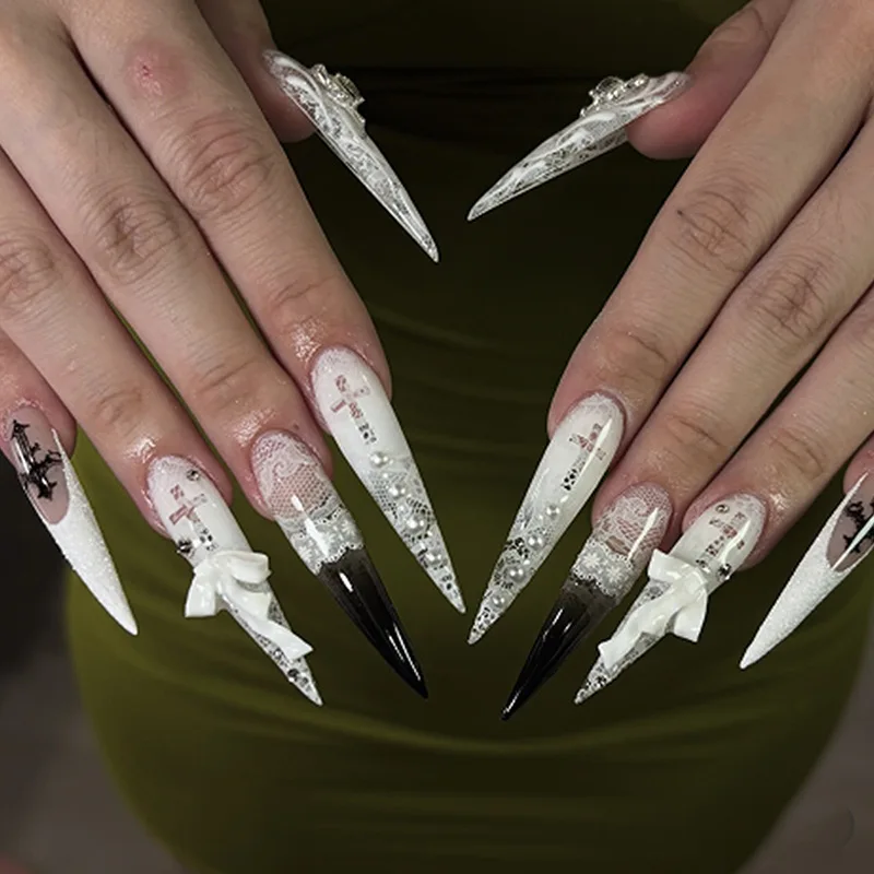 

Gothic White Lace Print Cross Black French 3D Bow Pearl Long Pointed False Nails Detachable Finished Fake Nails Press on Nails
