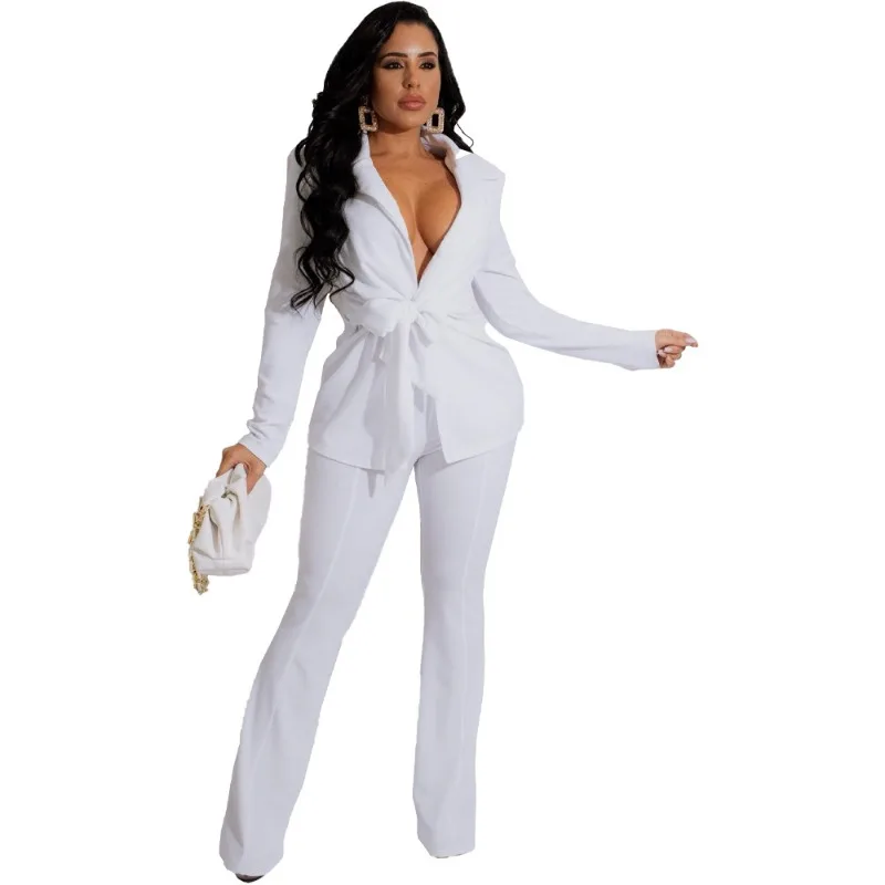 

Cross-border European and American Women's Clothing Amazon, Independent Station Solid Color Fashion V-neck Women's Two-piece Set