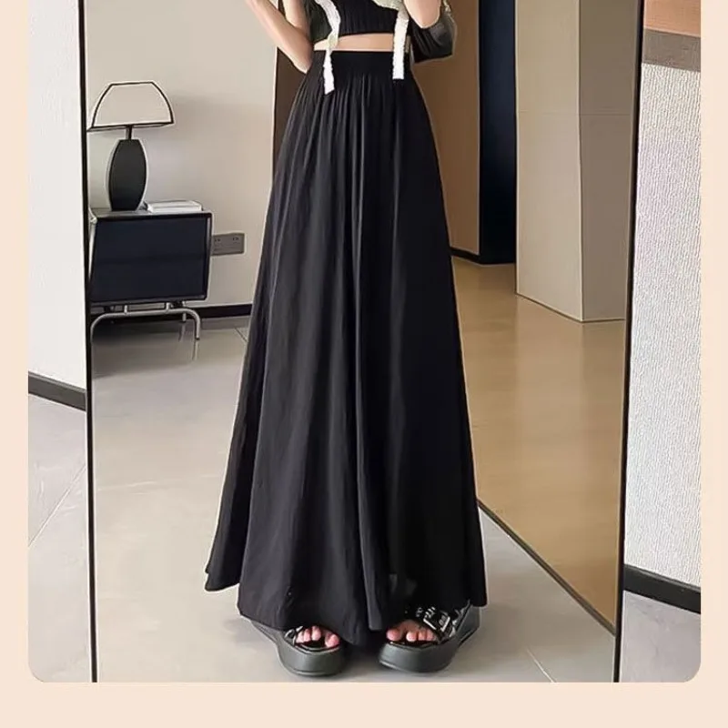 Solid Color Spring Summer High Waisted Shirring Women's Elastic Pockets Casual Loose Wide Leg Baggy Korean Fashion Sweatpants