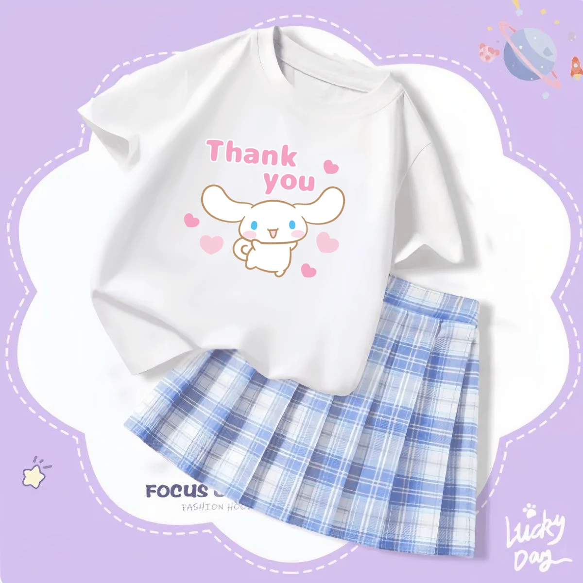 Koszulka Kawaii Sanrio Cinnamoroll Hello Kitty dziecięca spódnica słodka Kuromi moja melodia letnia dziewczyna kreskówka t-shirt Jk zestaw spódnic