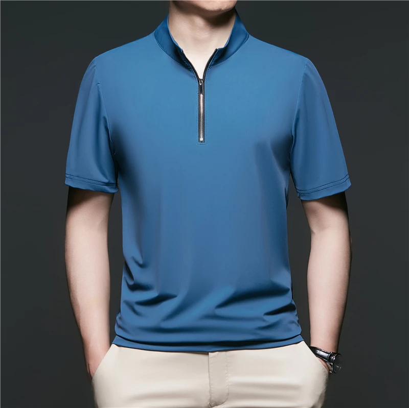 

High Quality Ice Silk Men's Polos 2024 Summer Casual Stand Collar Tops Male Solid Zipper Polos Shirt Short Sleeved