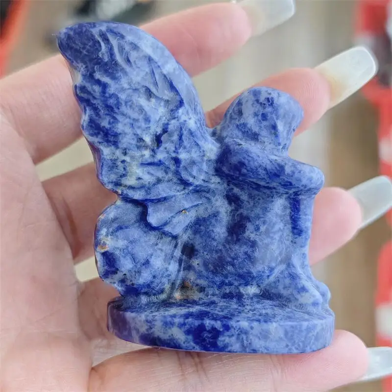 Natural Blue Sodalite Butterfly Wing Anegl Girl Carving Statue Healing Fengshui Sculpture For Decoration Holiday Gift 1pcs