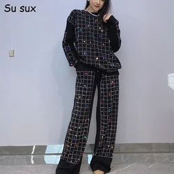 Sequins Knitted Wide Leg Pant Sets 2 Pieces Women 2024 Autumn Winter Casual Pullover Long Sleeve Sweater Outfits Y2k Clothes