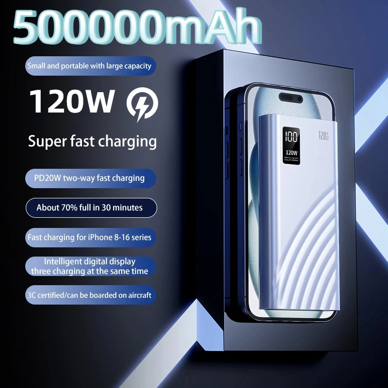 

120W Super Fast Charging 200000mAh High Capacity Power Bank Battery Digital Display Power Bank For Iphone Samsung Huawei