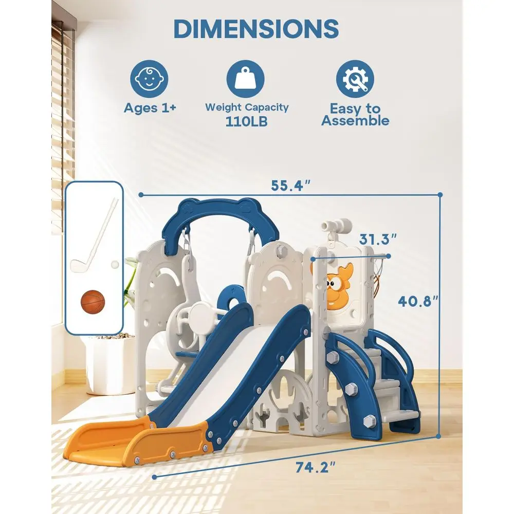 ชุดของเล่นเด็กวัยหัดเดิน 7-in-1: สไลเดอร์ในร่ม/กลางแจ้ง, ชิงช้า, ที่ปีนป่าย, ของเล่นกีฬาสำหรับเด็กอายุ 1 ปีขึ้นไป, สีน้ำเงินและสีเหลือง