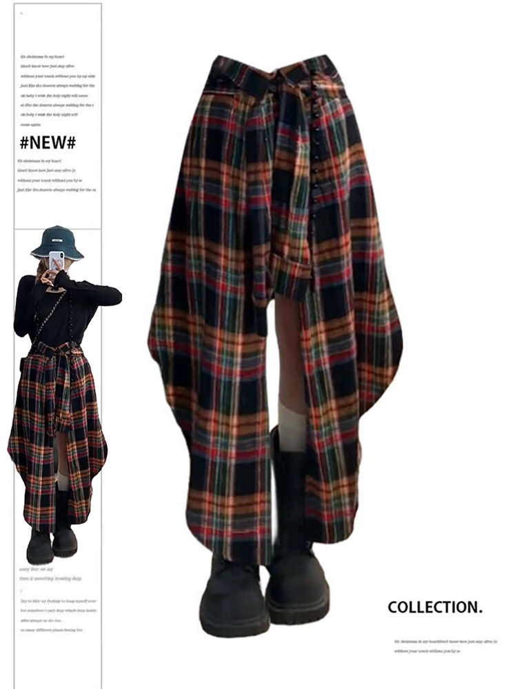 Women\'s A-line Plaid Skirt Vintage Aesthetic Y2k Long Skirt Harajuku Streetwear Emo Asymmetrical Skirt 2000s Clothes Summer 2024