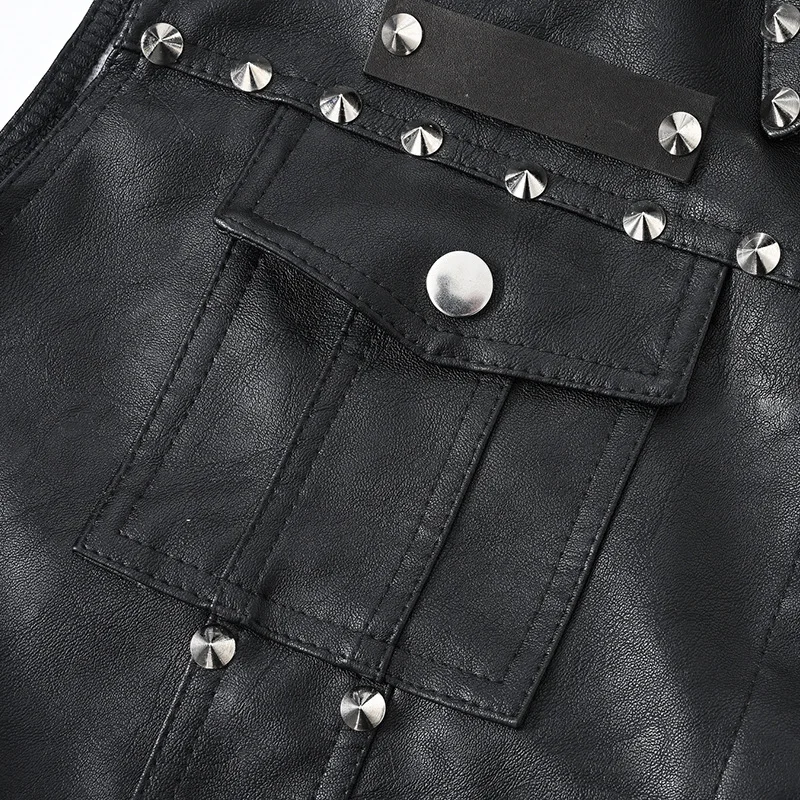 Men\'s Punk Style Leather Biker Waistcoat With Rivets Fashion High Streetwear Motorcycle Rider Vests PU Sleeveless Jacket