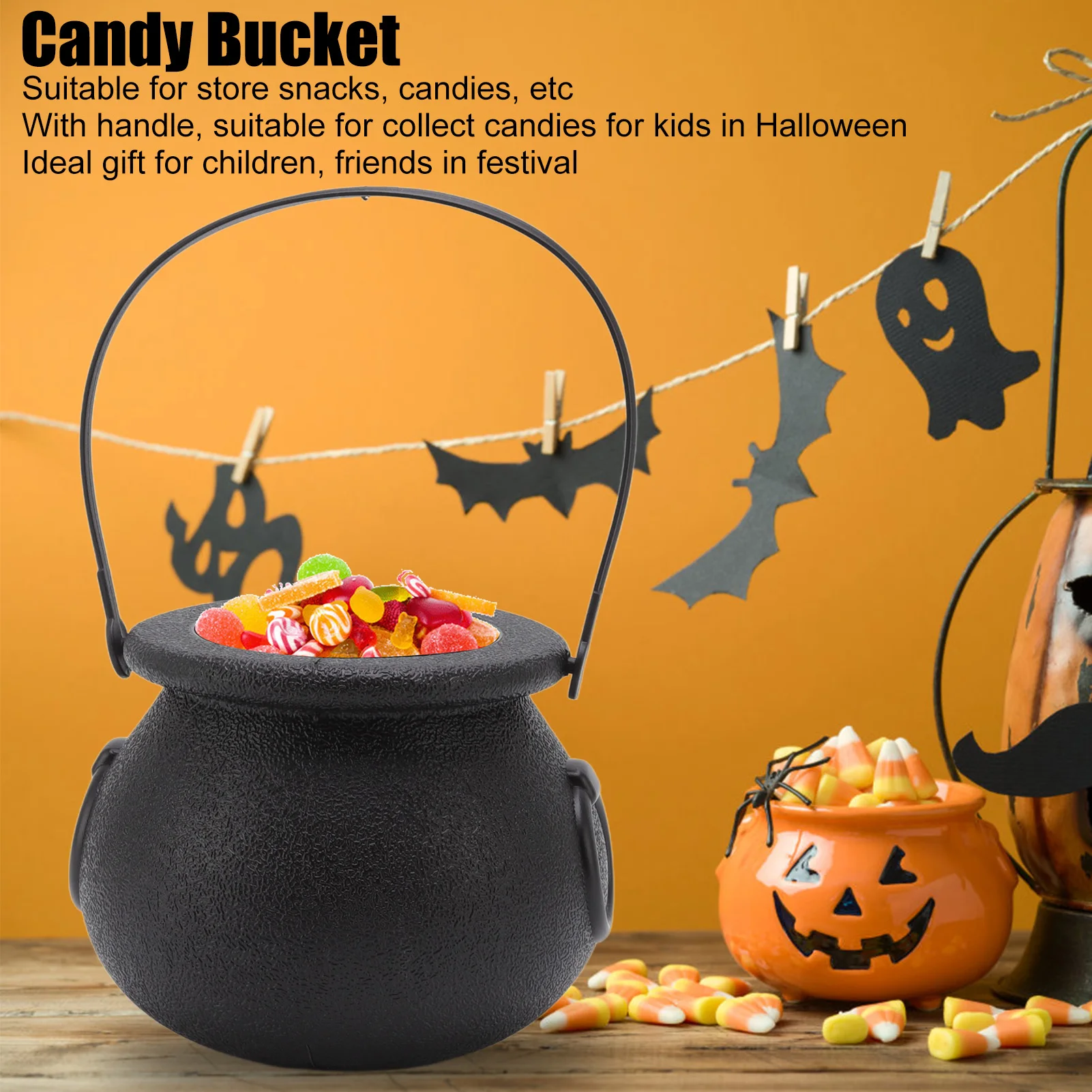 Candy Bucket Plastic Black Portable Cauldron Kettle Halloween Party Decoration With Handle For Kids