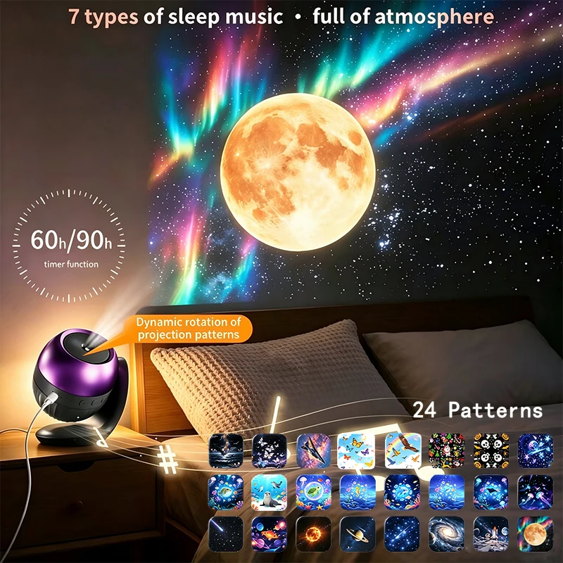 360° Starry Ocean Aurora Projector Night Light 24 Patterns with Sleep Sounds LED Projector Light Auto Timer for Bedroom Decor