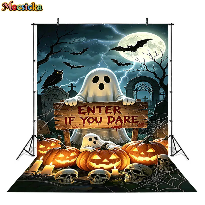 Mocsicka Halloween Ghost Photography Backdrop Enter If You Dare Graveyard Pumpkin Photo Background Spooky Party Kid Studio Props