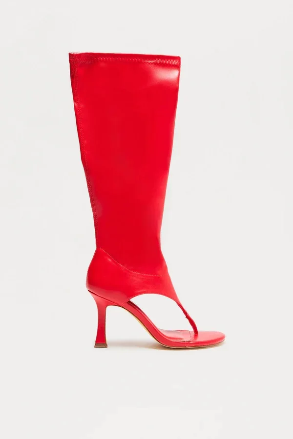 2026 Sexy Pu Peep-Toe Knee-High Sandals Fish Mouth Clip Toe Mid Boot Fashionable Thin High Heel Side Zipper Women's High Heels