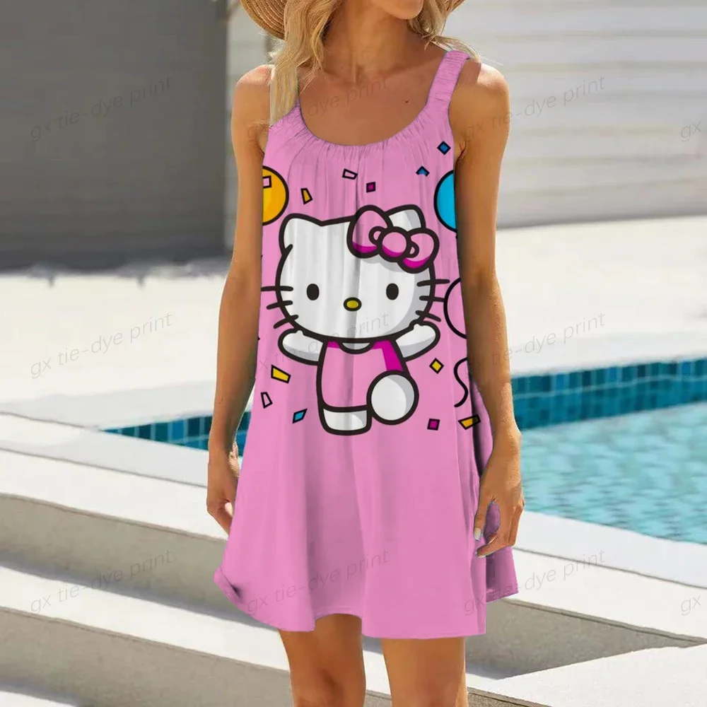 2023 donne estate Spaghetti Strap o-collo a-line Mini Swing Dress Boho Cartoon Hello Kitty Print allentato Beach Cami Sundress