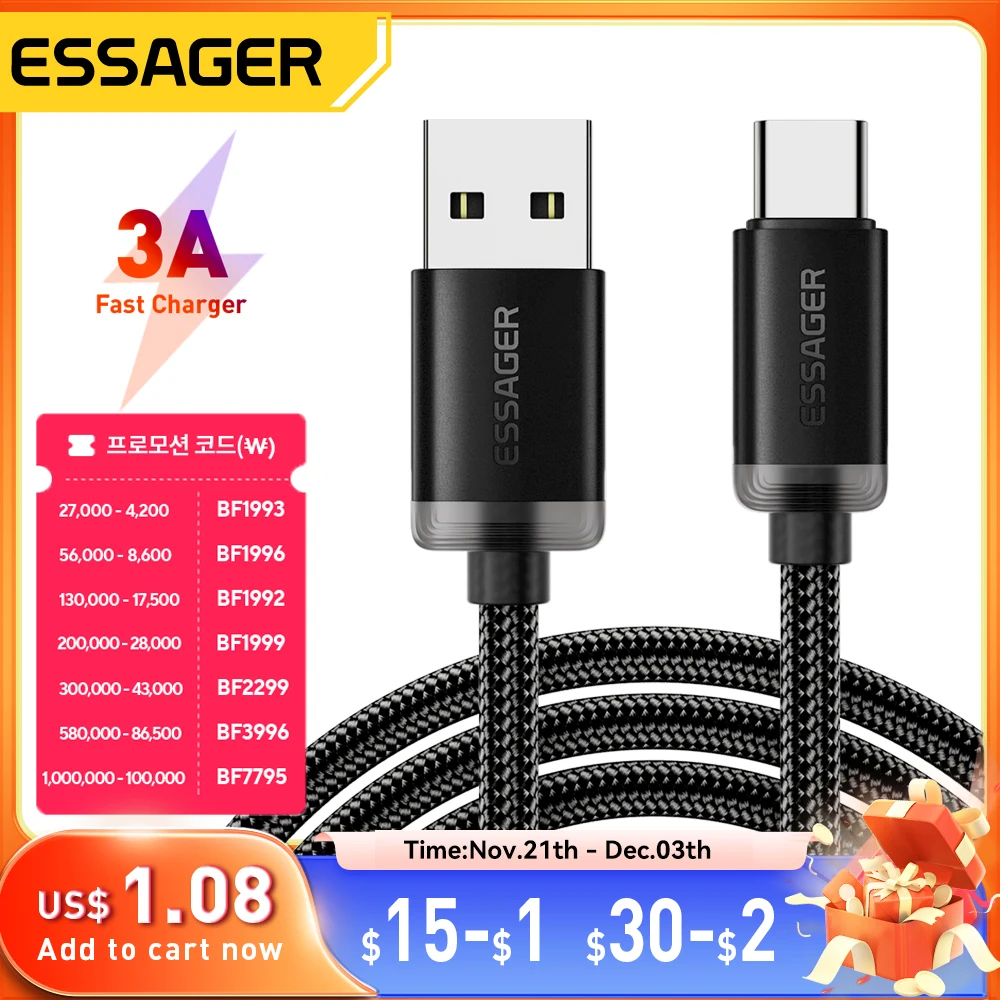 Essager 3A USB Type C Cable USB A To Type C Fast Charging Cables For iPone 15 Samsung Xiaomi Mobile Phone Data Charger Wire Cord