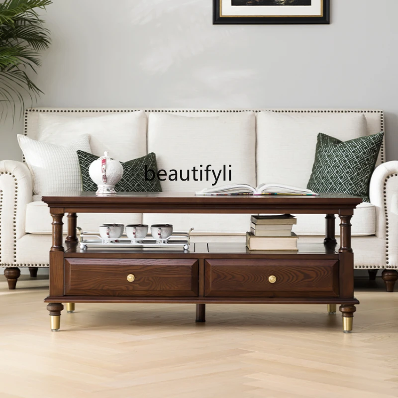 

Solid Wood Coffee Table American Household Living Room Furniture Combination Solid Wood Black Walnut Color Square