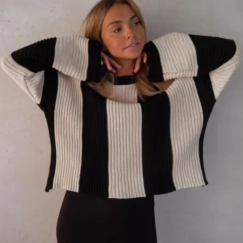 

Осень-зима 2025 года, полосатый вязаный свитер с цветными блоками, осень-зима, повседневный свободный европейский и американский пуловер, свитер