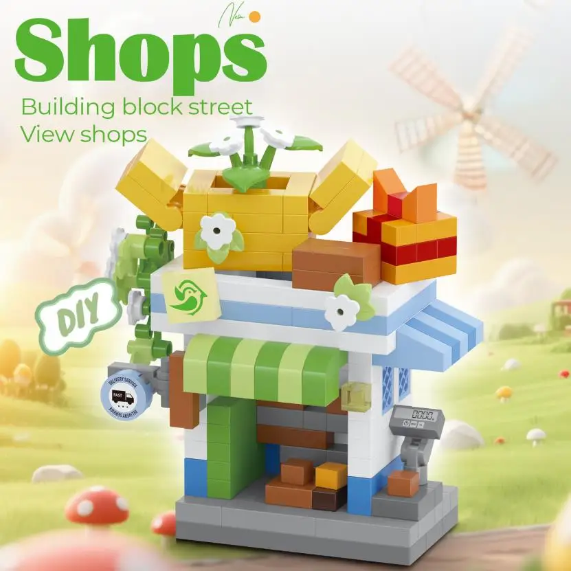 Grappige bibliotheek Snoepwinkel Dierenwinkel Brood Straatzicht Koffieshop Stad Miniatuur Kleine bouwstenen Ornamenten Winkel DIY Speelgoed