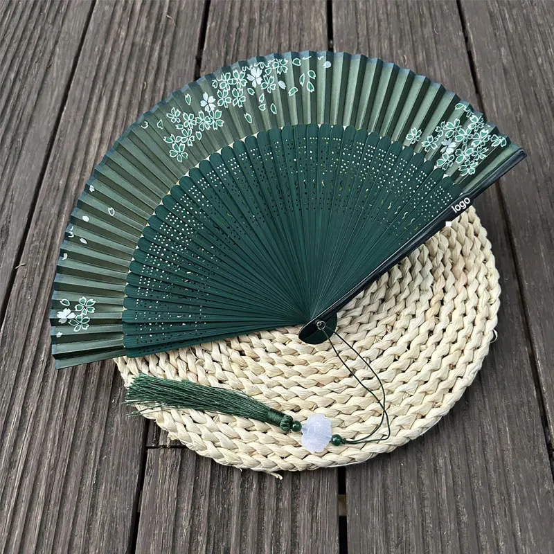 Personalized Custom Logo, Text Can Be Laser-Engraved with Name and Date, Chinese and Japanese Style, Women's Gift, Decoration, Green Floral Paper Fan, Bamboo, Summer Decorative Doormat, Summer Floral Design, Summer