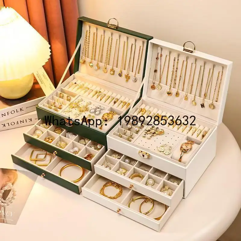 

jewelry box - three-tier lockable, exquisite leather, large capacity, multi-layer storage, multifunctional home jewelry