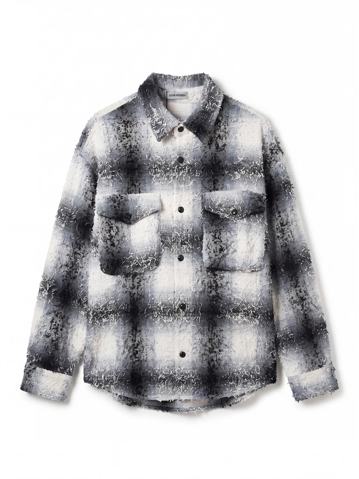 MAZZONNE Men's Grey Checked Cotton Shirt Jacket Frayed Texture Button Front Dual Chest Pockets Streetwear H