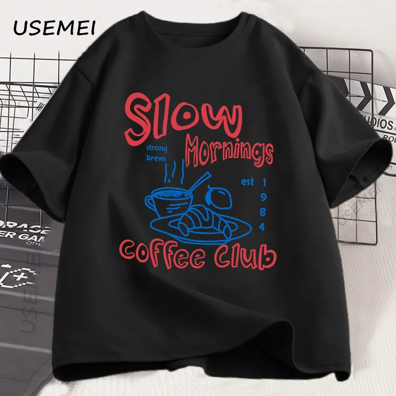 Slow Mornings Graphic Tshirt Man Trendy Coffee Club Tshirt Retro Coffee and Croissant T Shirt Breakfast Club Tee Cotton Clothing view 3