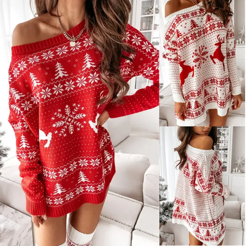 

Women Snow Deer Pattern Santa Claus Dress Warm Loose Fit Christmas Knitted Top Long Sleeve Slash Neck Casual Winter Robe