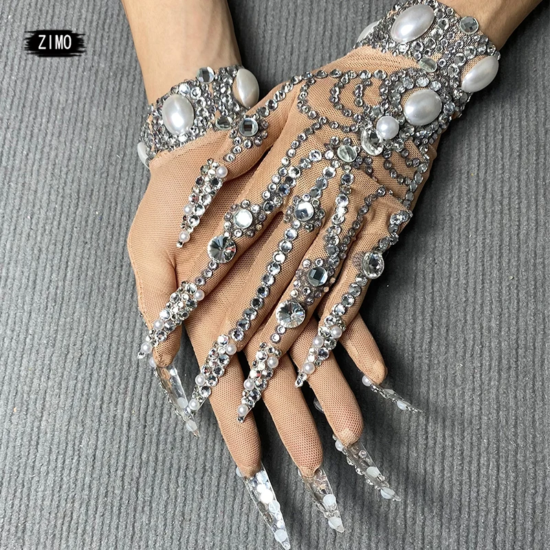 Luxury big Crystal Rhinestones Bridal short Gloves Nightclub birthday party Wedding Jewelry Accessories Dancer Gloves DS Stage