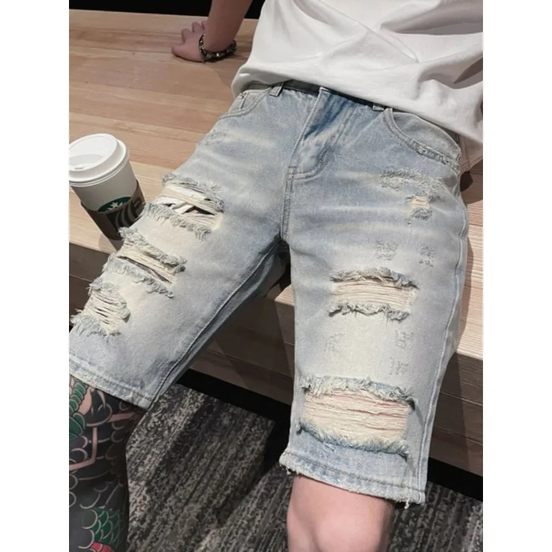 Ruffian Handsome Guy Ripped Denim Shorts Men's Casual Beggar 2025 Summer Thin Men's Jean Shorts Men's Distressed Medium Pants