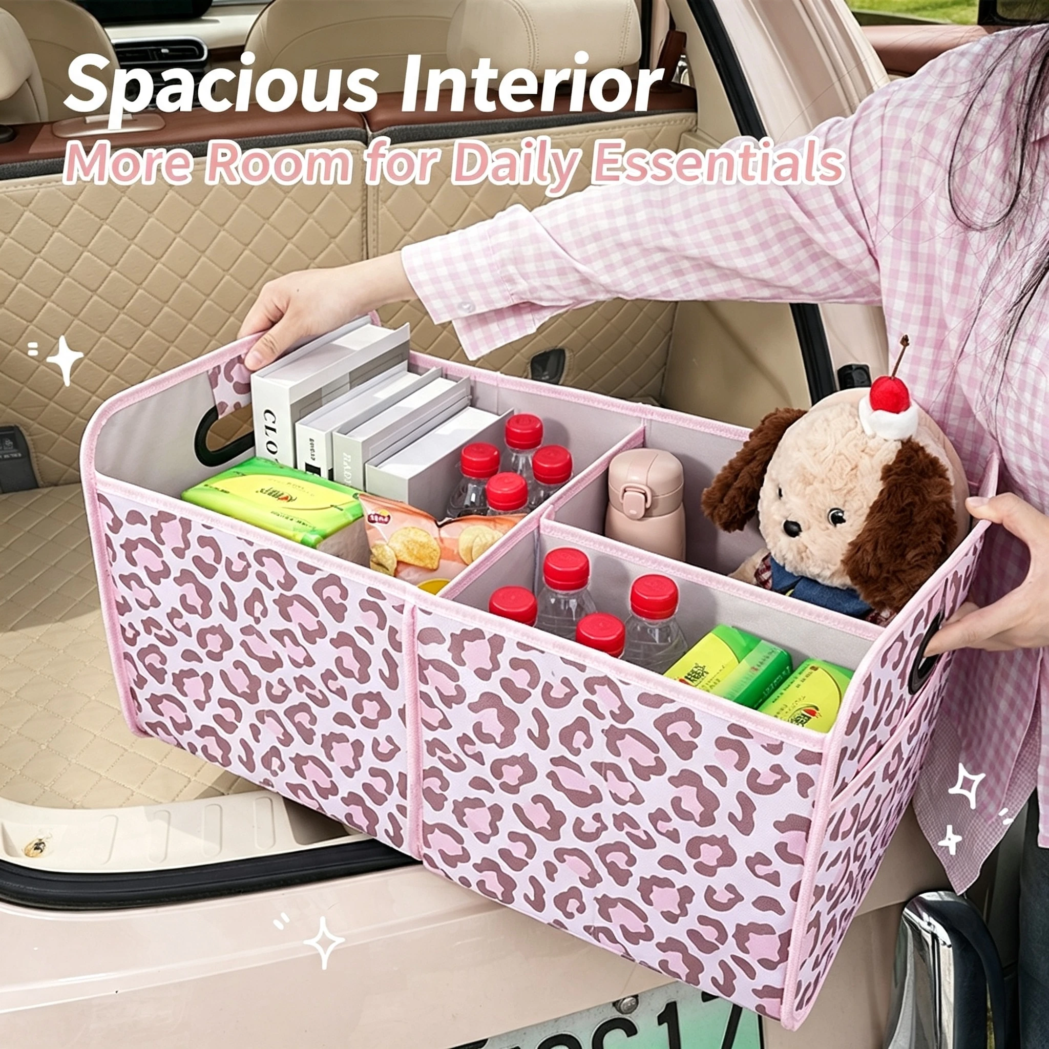Leopard Print Car Trunk Storage Box, Foldable Multi-Compartment Car Storage Box with Handle, Made of Oxford Cloth, Suitable for Suvs, Trucks, and Sedans, Foldable Design for Easy Storage When Not in Use, a Must-Have Car Storage Item for Women